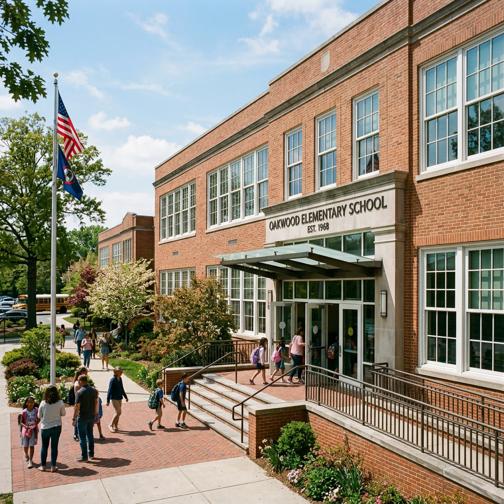 Children and adults walking into Oakwood Elementary School building