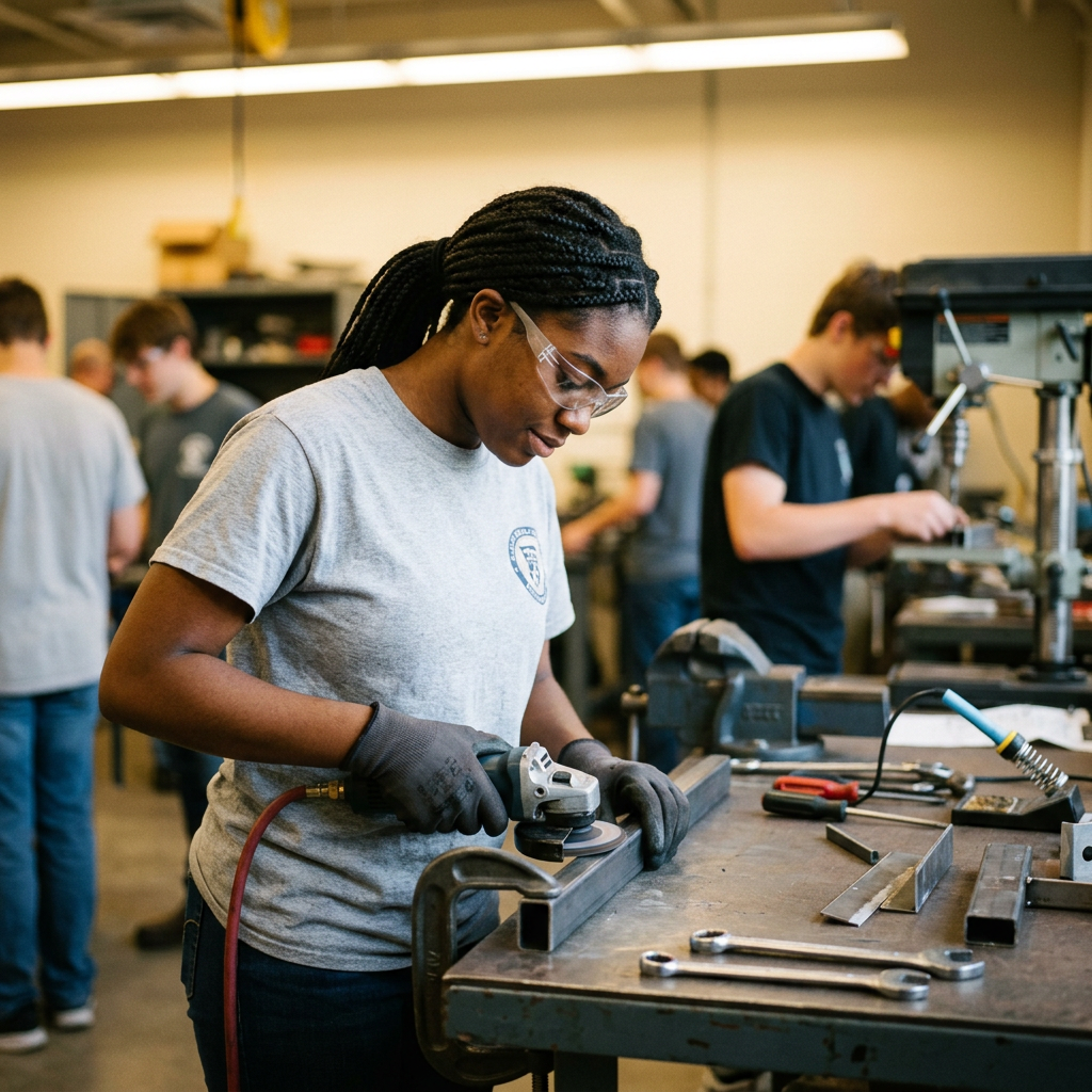 Student wearing safety glasses and gloves operating a grinding tool on metal in a workshop