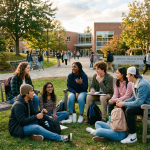High school students discussing life goals outdoors
